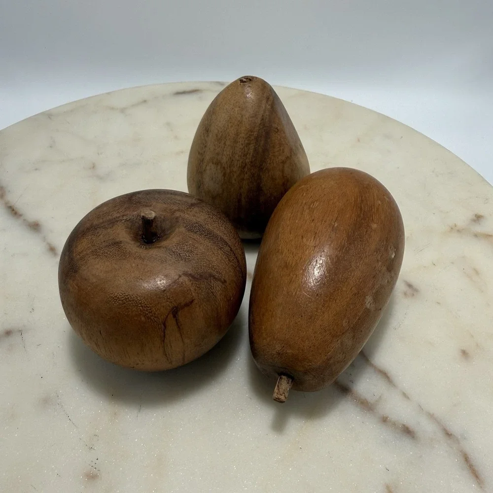 Wooden Fruit-Set Vintage MCM Monkey Pod Bowl Of 9 Pcs of Fruit
